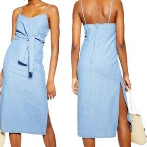 Blue Denim Topshop Tie Front Midi‎ Dress with Side Slit